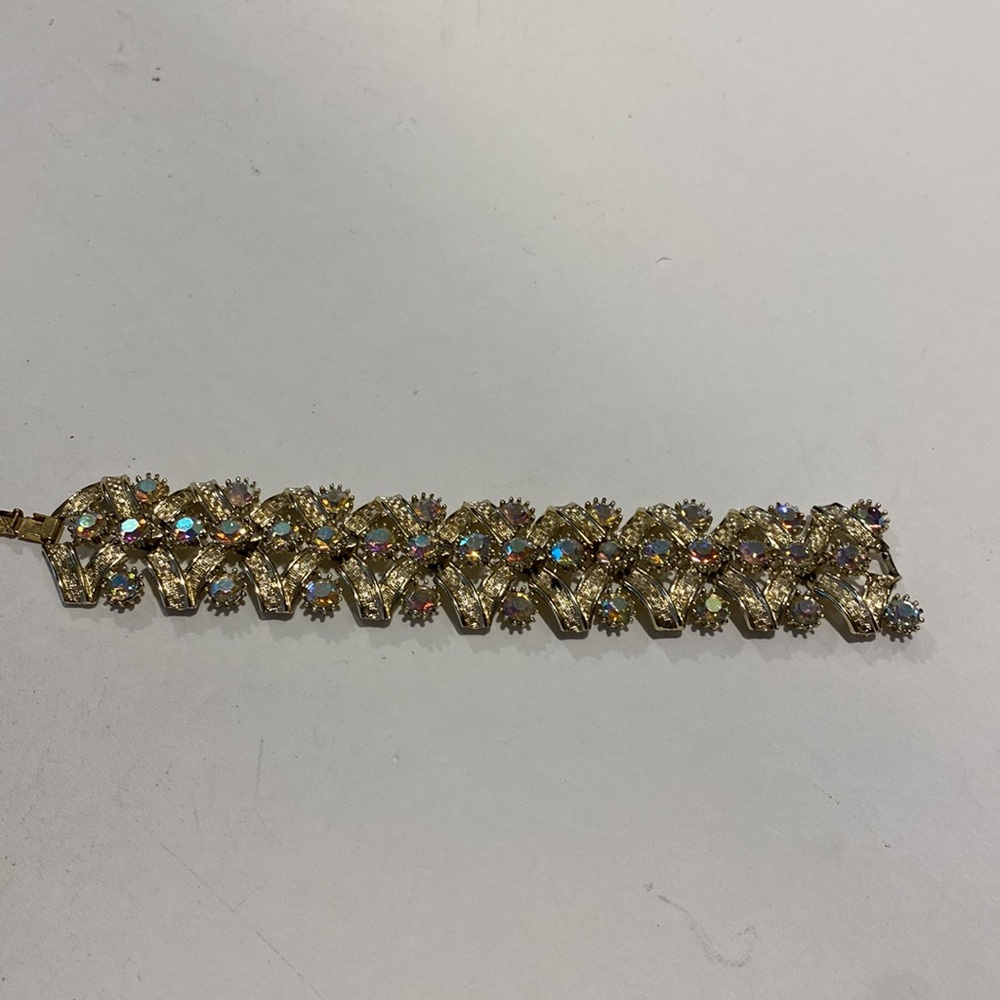 Coro vintage gold tone link bracelet with aurora borealis rhinestones signed